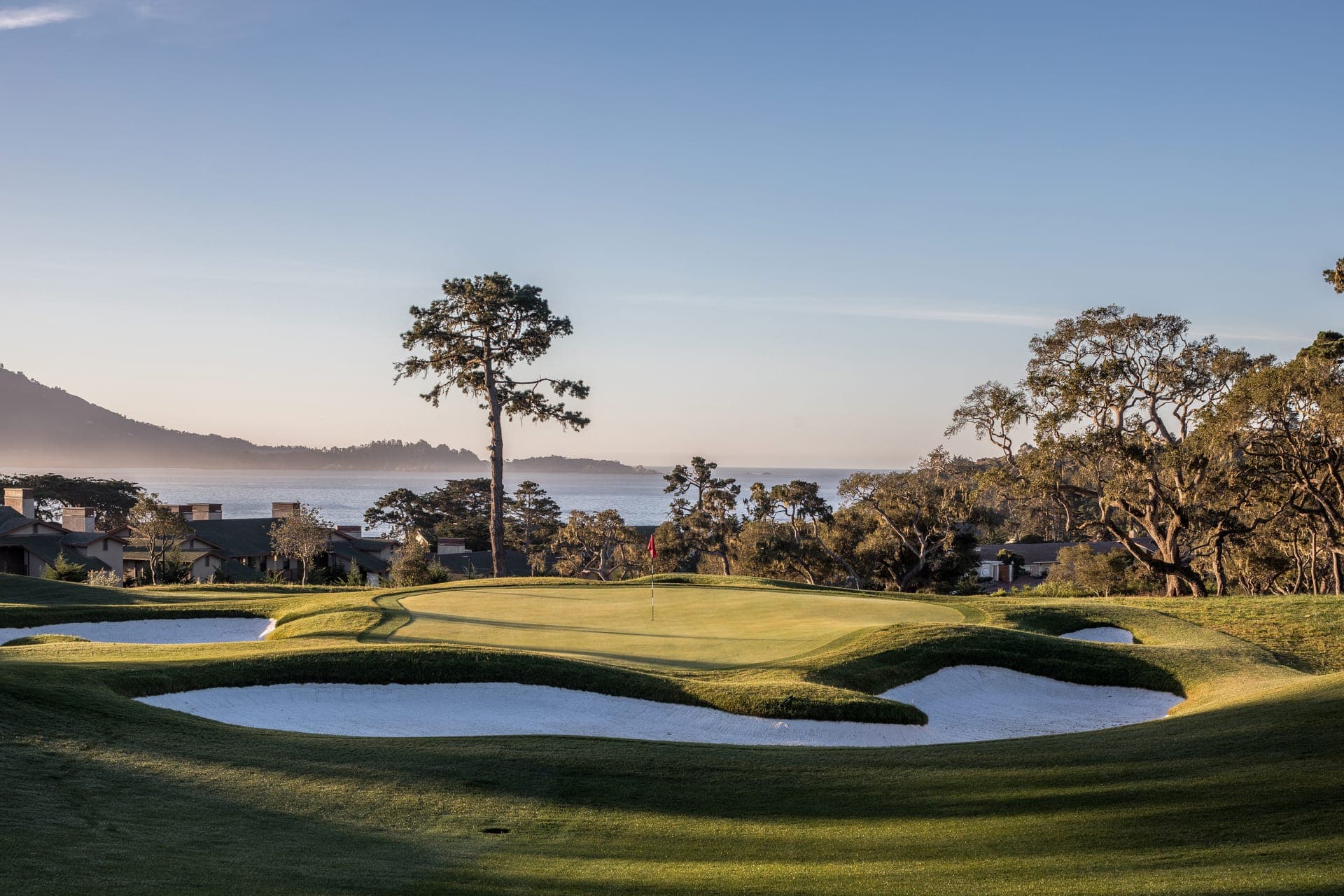 A lone pine silhouetted against the sunset above a bunkered green at The Hay Short Course, Pebble Beach