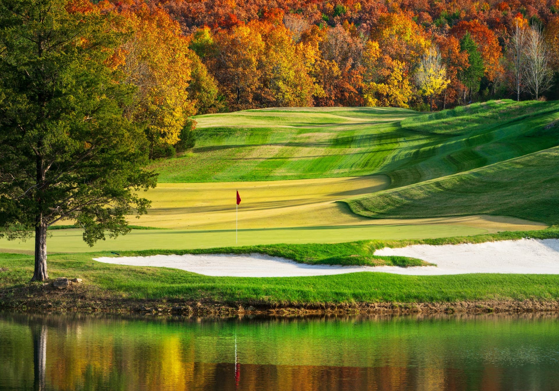 Aerial sunset view of the Big Cedar Lodge golf landscape in the Missouri Ozarks