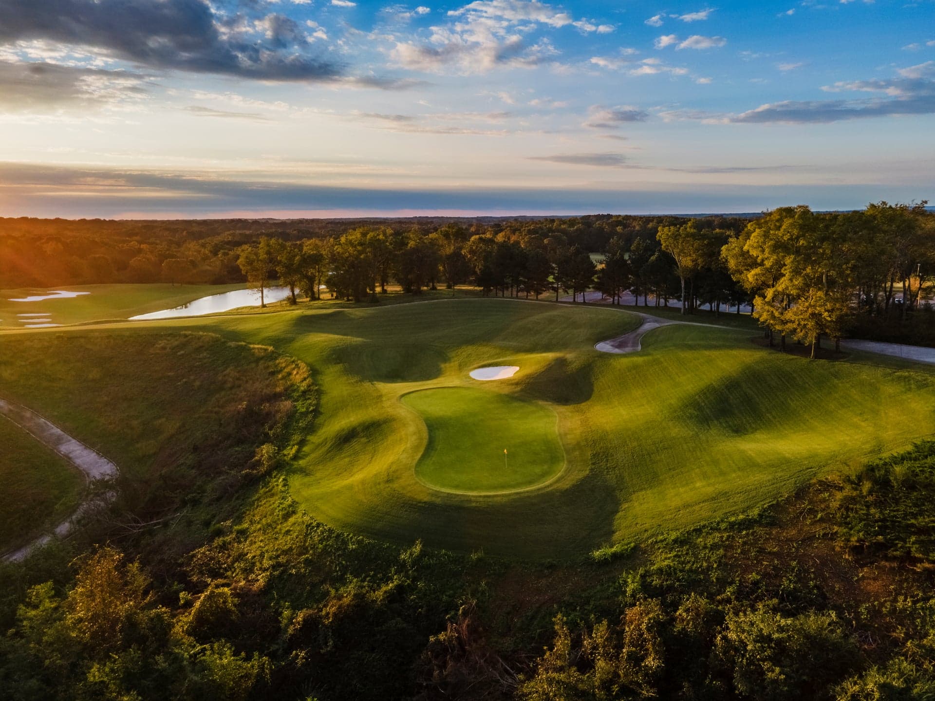 Aerial view of Fighting Joe at The Shoals, the signature riverside course on the Robert Trent Jones Golf Trail in Alabama.