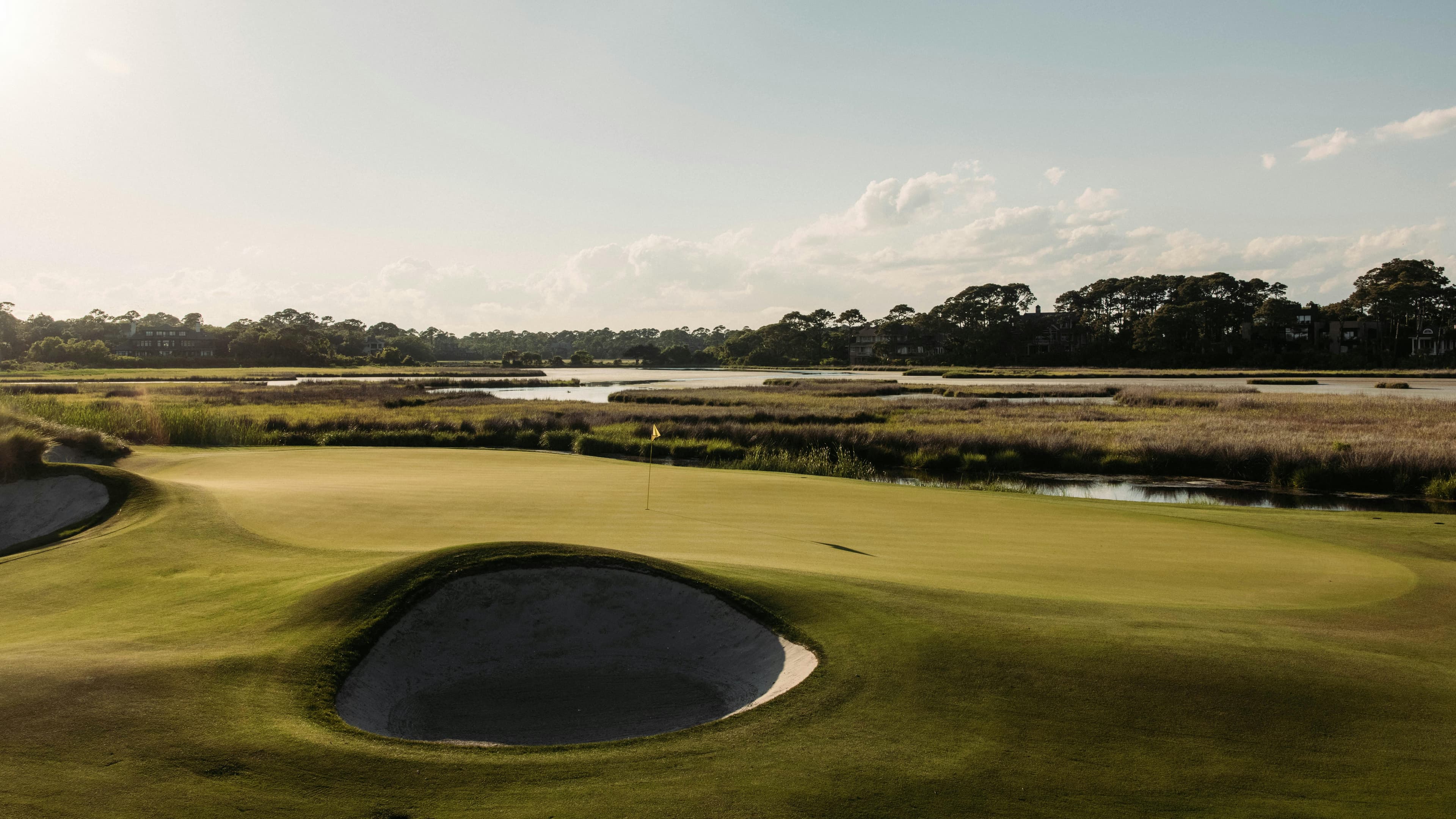 Links-style golf hole with deep bunker and marsh at Kiawah Island