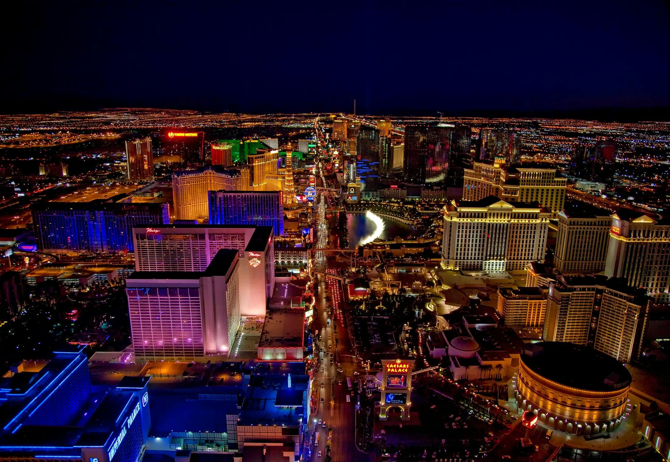 Aerial view of the Las Vegas Strip illuminated at night