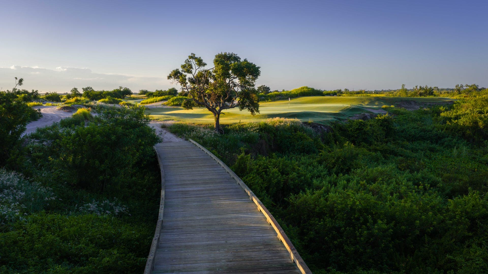Wooden boardwalk leading to a lone oak and green at The Chain at Streamsong, a 19-hole short course by Coore and Crenshaw
